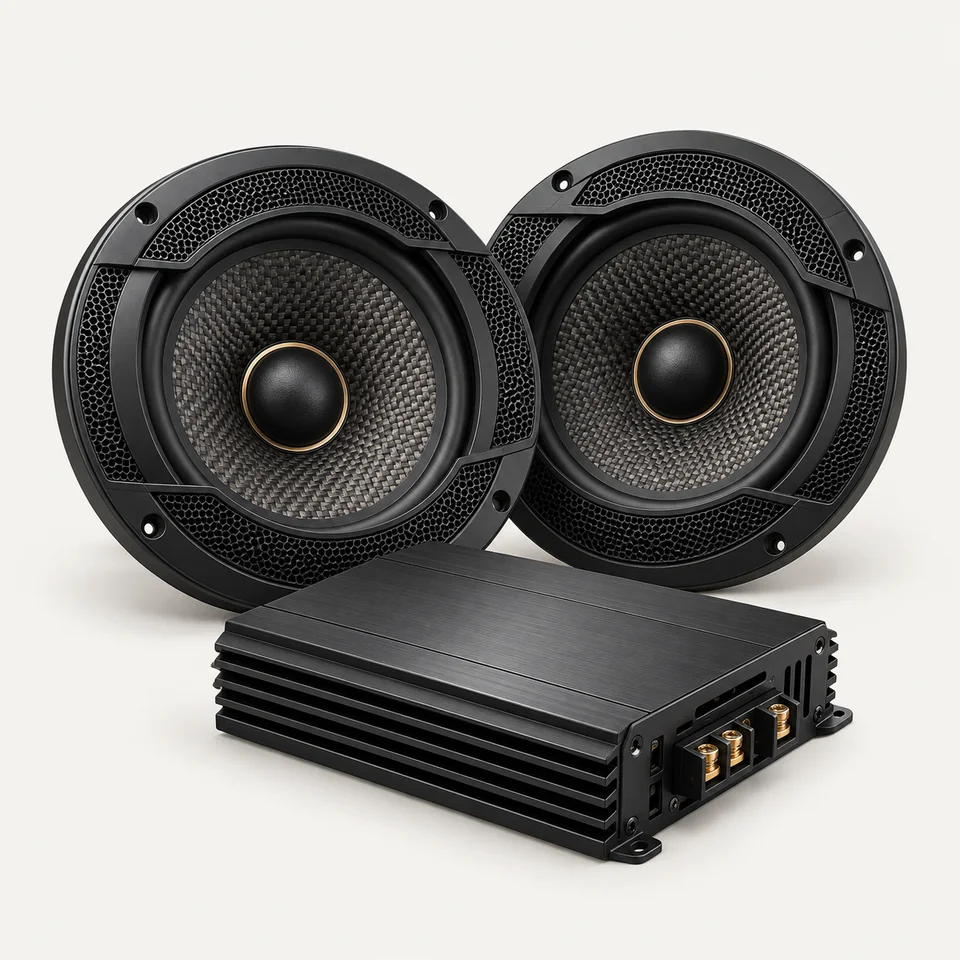 Illustrative unbranded speakers & amplifiers sample, not an actual product photograph